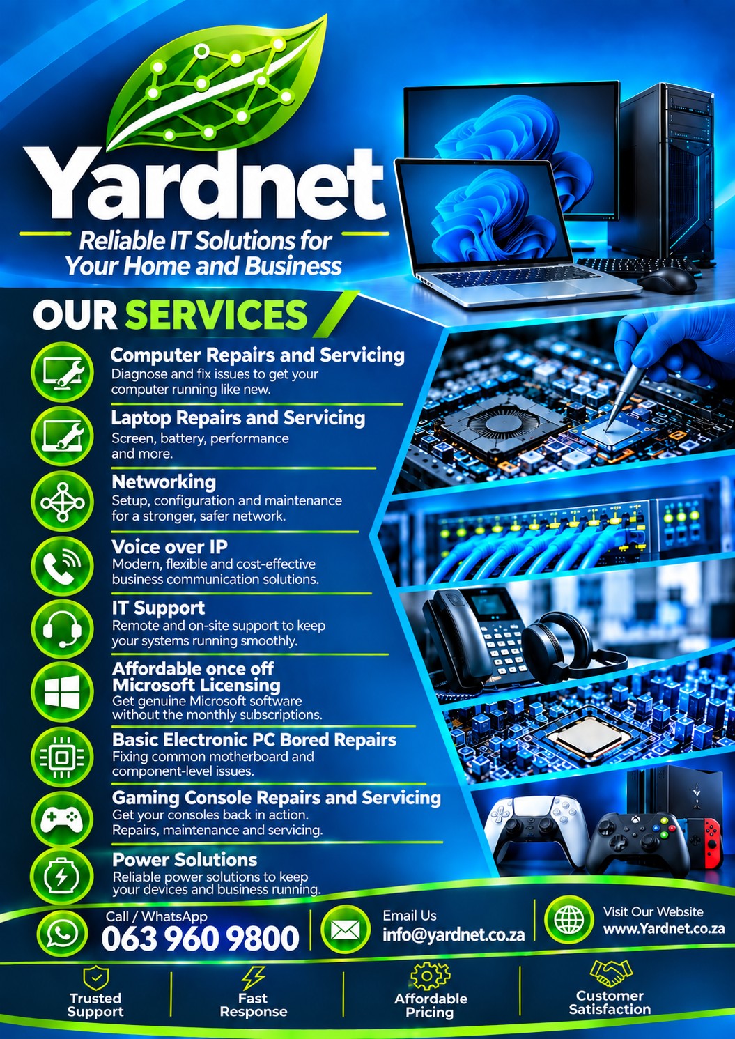 Latest Yardnet service flyer showing IT repairs, networking, VoIP, gaming console servicing and power solutions